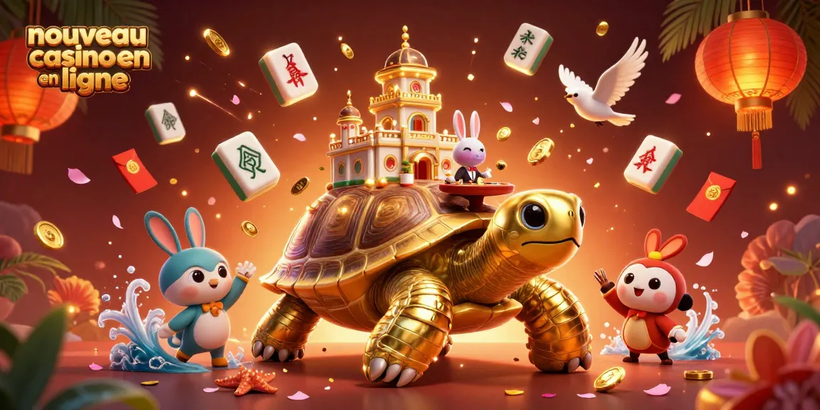 Image captivante d'un nouveau casino en ligne avec une tortue dorée géante et des oiseaux portant des pièces d'or.