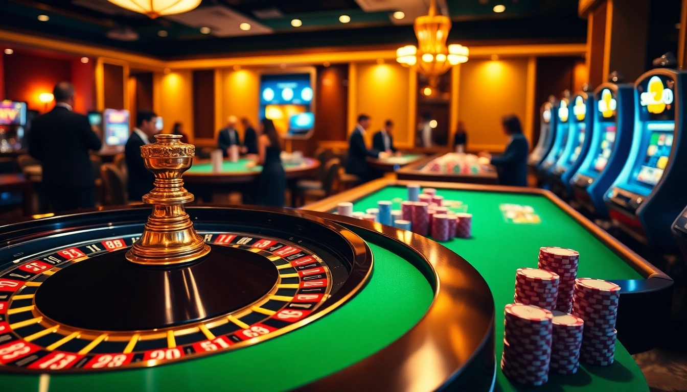 Une scène vibrante de casino en ligne france fiable présentant une roulette, des jetons de poker élégants et des machines à sous.