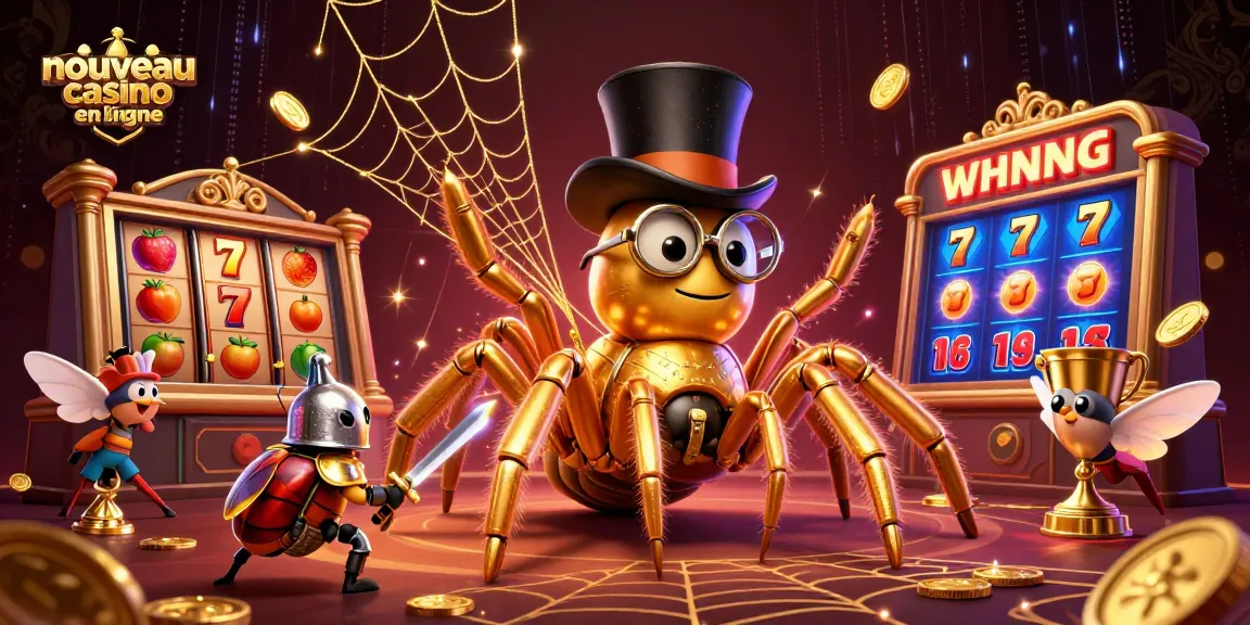 Illustration captivante d'un nouveau casino en ligne, avec une tarentule dorée et un chevalier, pour des gains impressionnants.