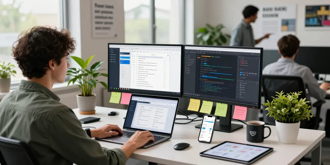 Mobile app development services showcased in a tech-savvy workspace with developers collaborating, code and design on screens.