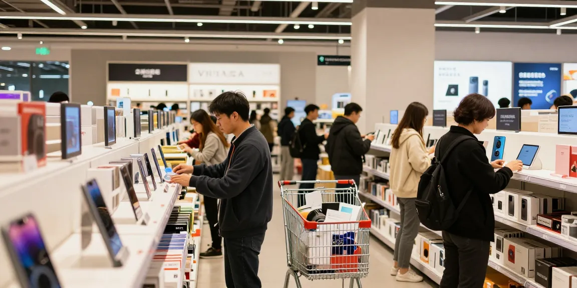 Customer engaging in vibrant e-commerce shopping experience at retail store environment showcasing diverse products.
