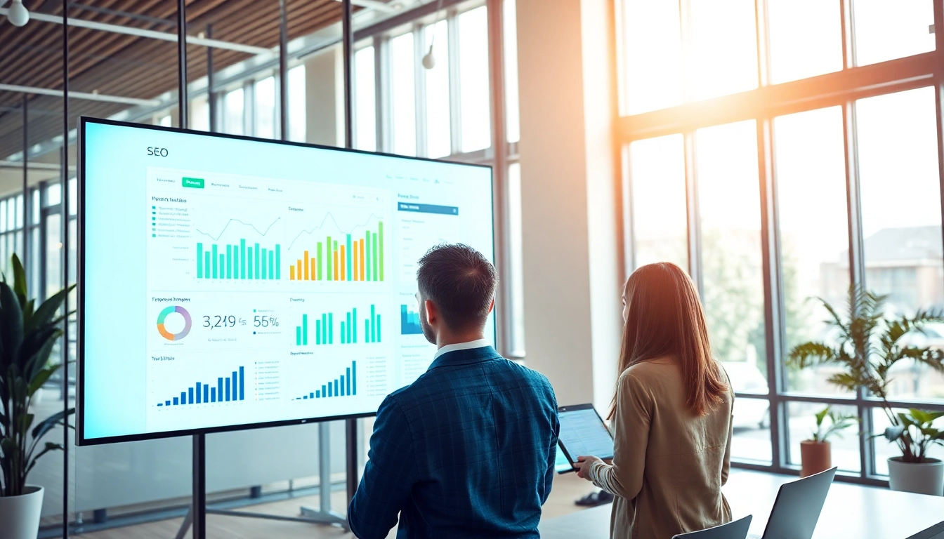 Analyze SEO performance metrics with a professional marketing team in an engaging office setting.