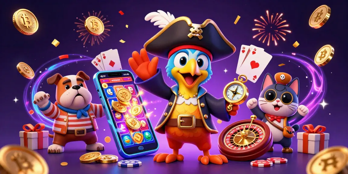 Illustration dynamique de crypto casinos avec un pirate, un bulldog et un chat sur fond de feux d'artifice.