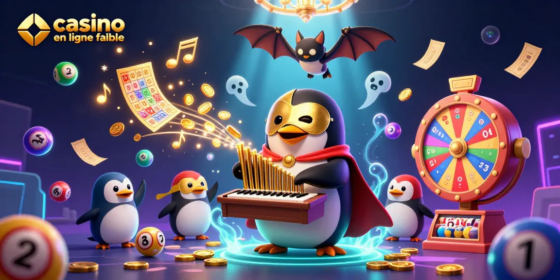 Découvrez un casino en ligne fiable avec un pingouin opératique et des éléments de loterie colorés.