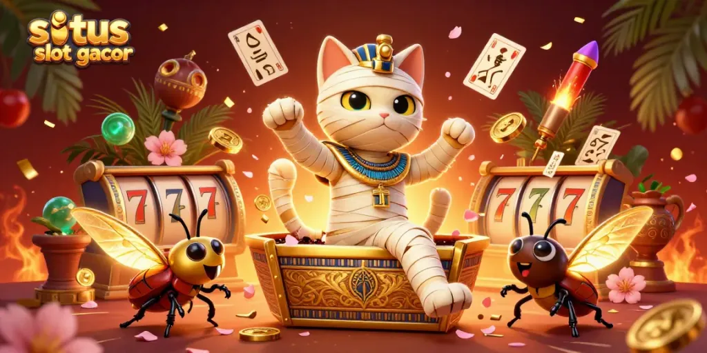 Permainan situs slot gacor dengan kucing mummy 3D dan simbol slot bertaburan yang memukau.
