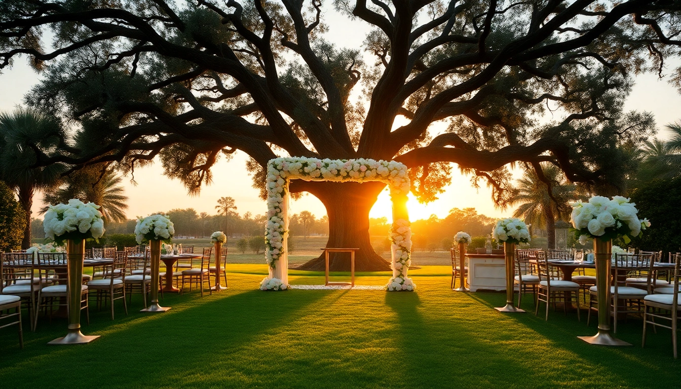 Explore a romantic Jacksonville Wedding Venue with a floral arch under a majestic tree.