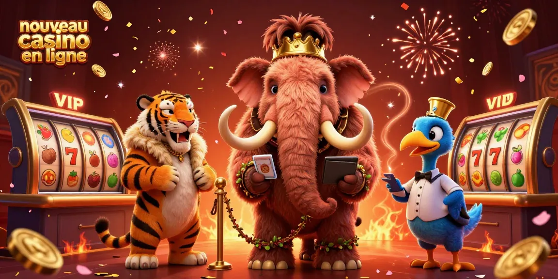 Découvrez un nouveau casino en ligne avec un mammouth gardien, un tigre VIP et un oiseau doré dans une scène festive.