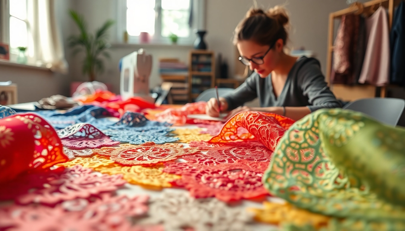Kant stof voor kleding op een tafel met diverse kleurrijke stoffen en naaigereedschap.