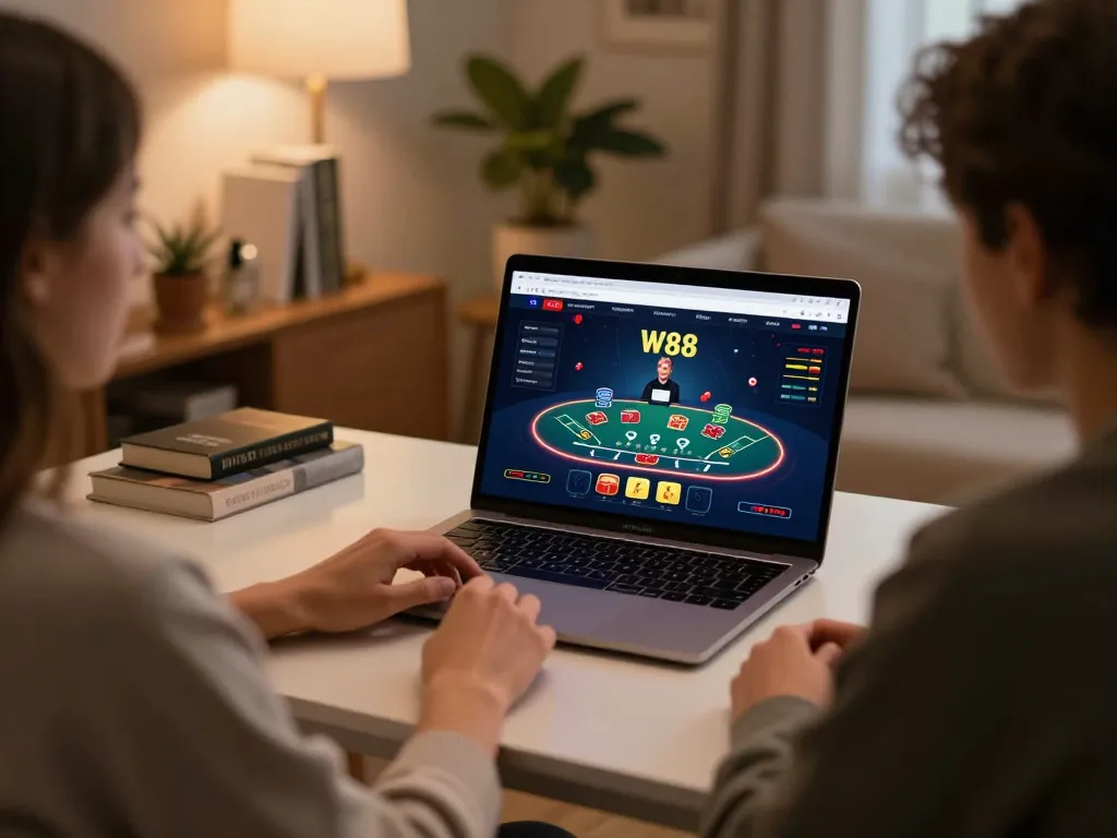 A person engaging with the W88 casino while using a laptop to play online blackjack in a cozy home setting