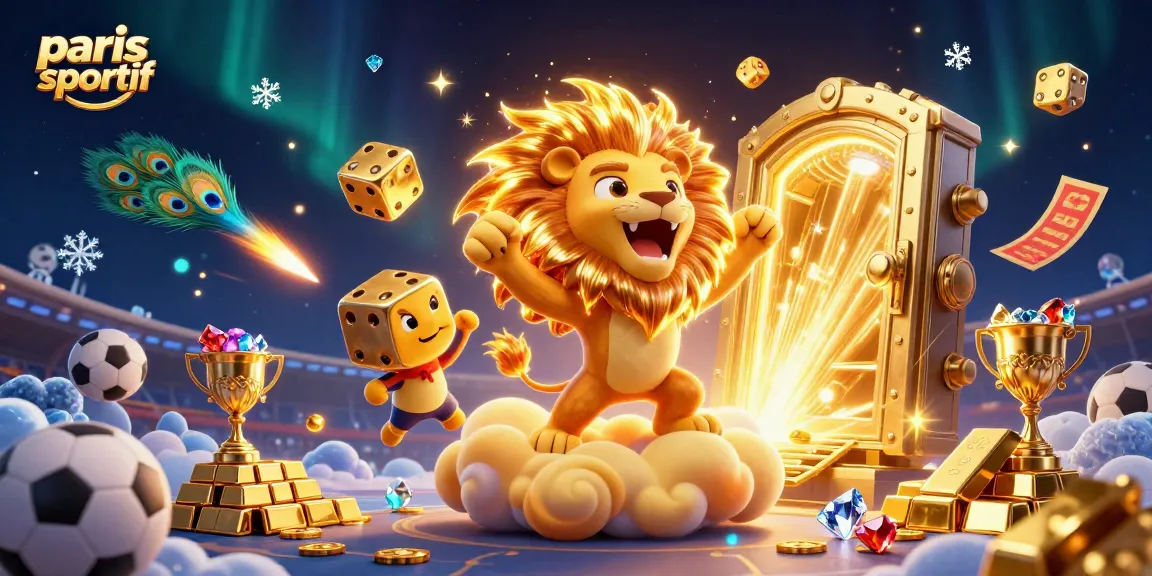 Pari sportif passionnant avec un lion solaire géant, des dés dorés et des éléments de stade.