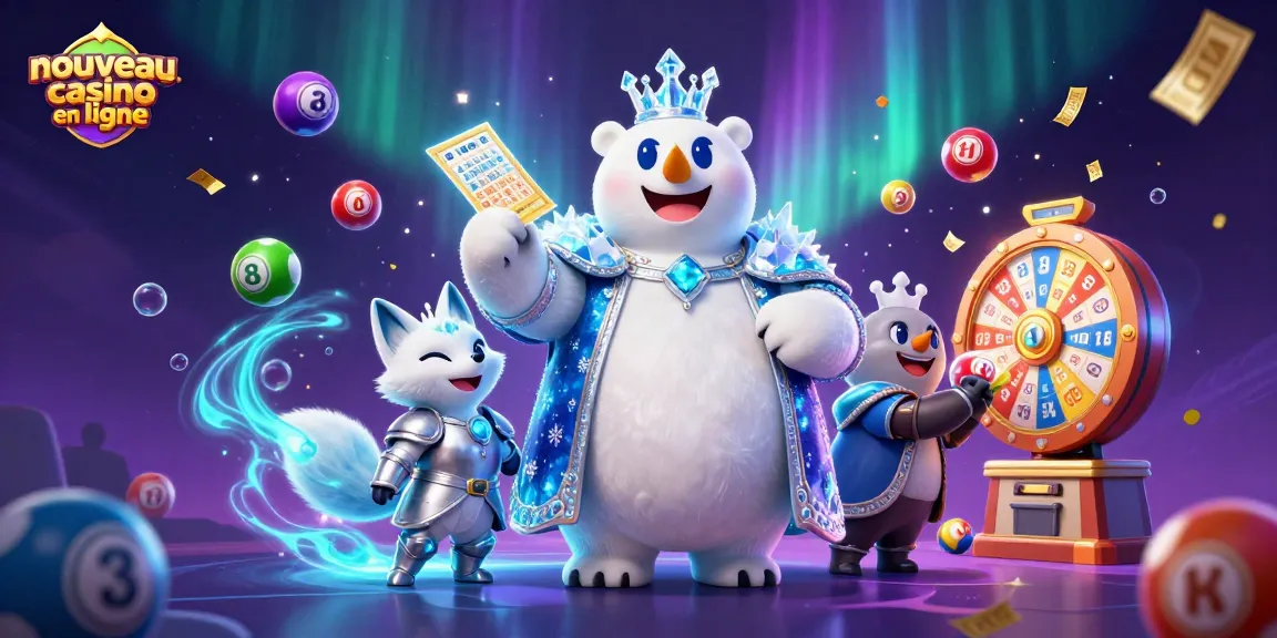 Découvrez une scène captivante de jeu avec un nouveau casino en ligne, mettant en avant un ours polaire royal et une renarde en armure, entourés d'éléments de loterie vibrants.