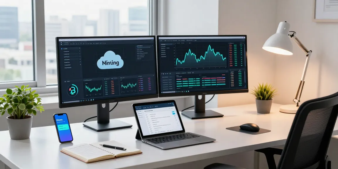 cloud mining provider workspace with screens showing cryptocurrency data and digital wallet