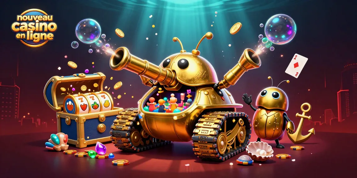 Découvrez un nouveau casino en ligne avec un tank doré jouant au casino, entouré de trésors sous-marins.