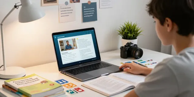 Student engaged in an online Toto language learning course with interactive materials at home.