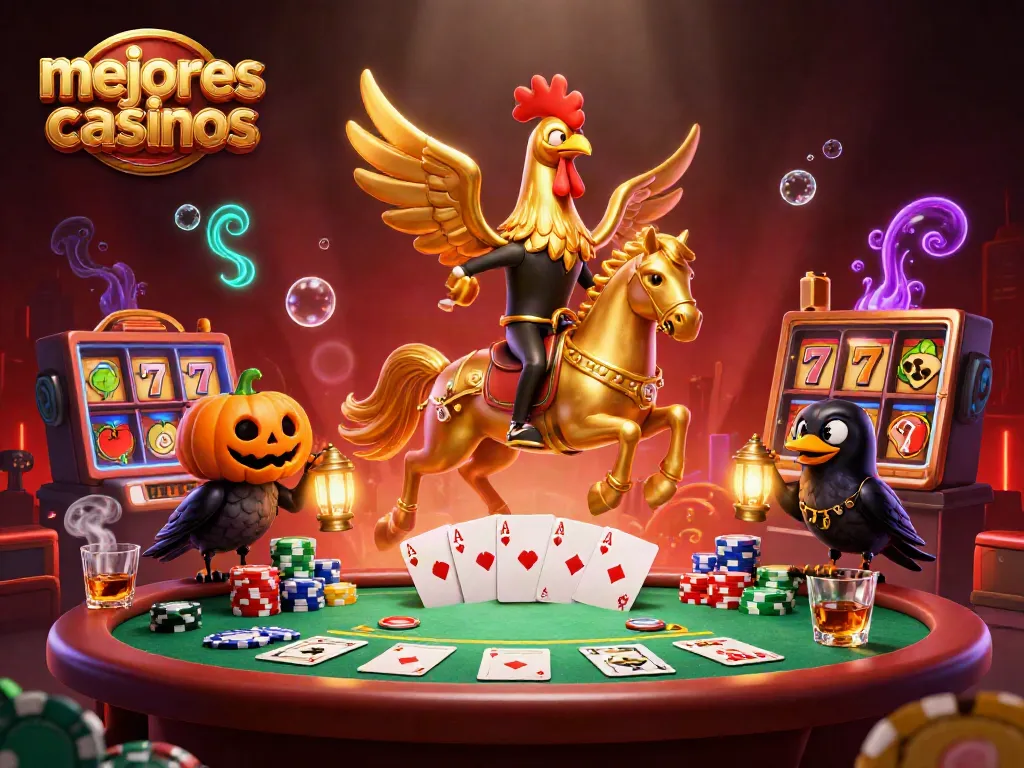 Una escena vibrante en un casino mostrando los mejores casinos con un gallo dorado y amigos espectrales.