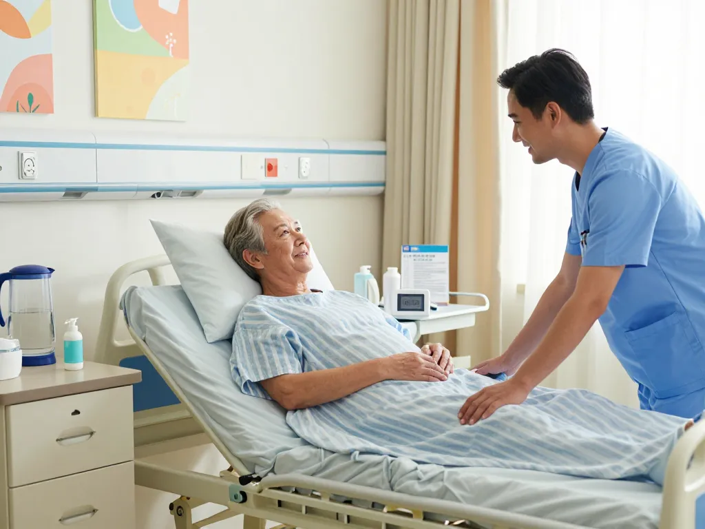 Patient resting comfortably on a giường bệnh nhân in a well-lit hospital room with caregiver assistance and medical essentials.