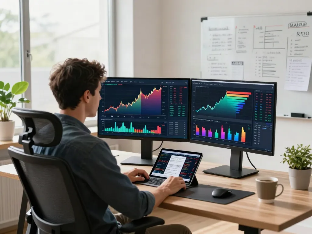 Trader analyzing stock charts with TradingView in a modern workspace.