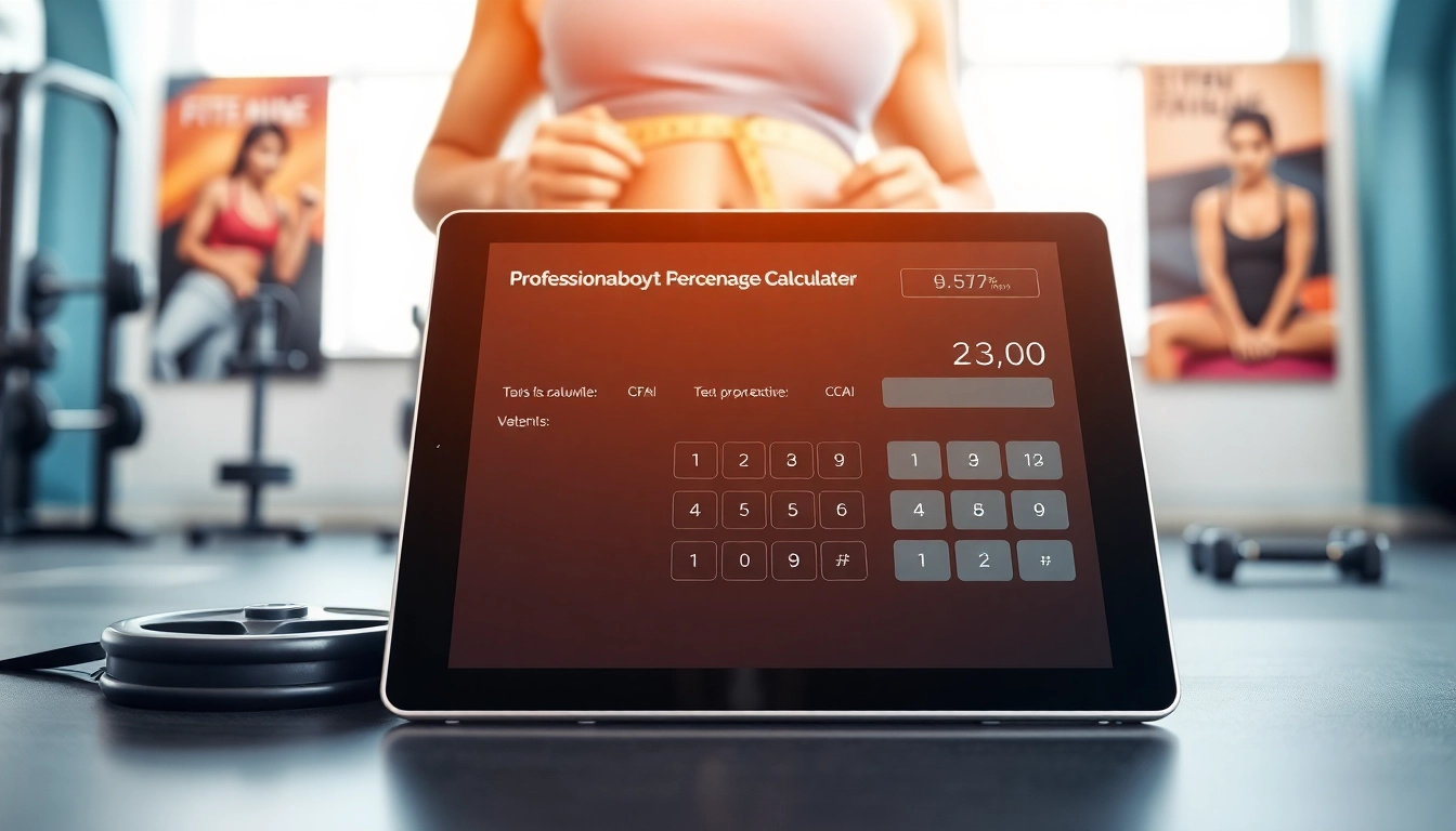 Utilize body fat percentage calculator on a tablet in a bright gym setting while measuring waist.