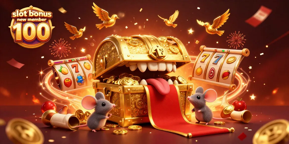 Experience the excitement of slot bonus new member 100 with a treasure chest and casino elements in a vibrant scene.