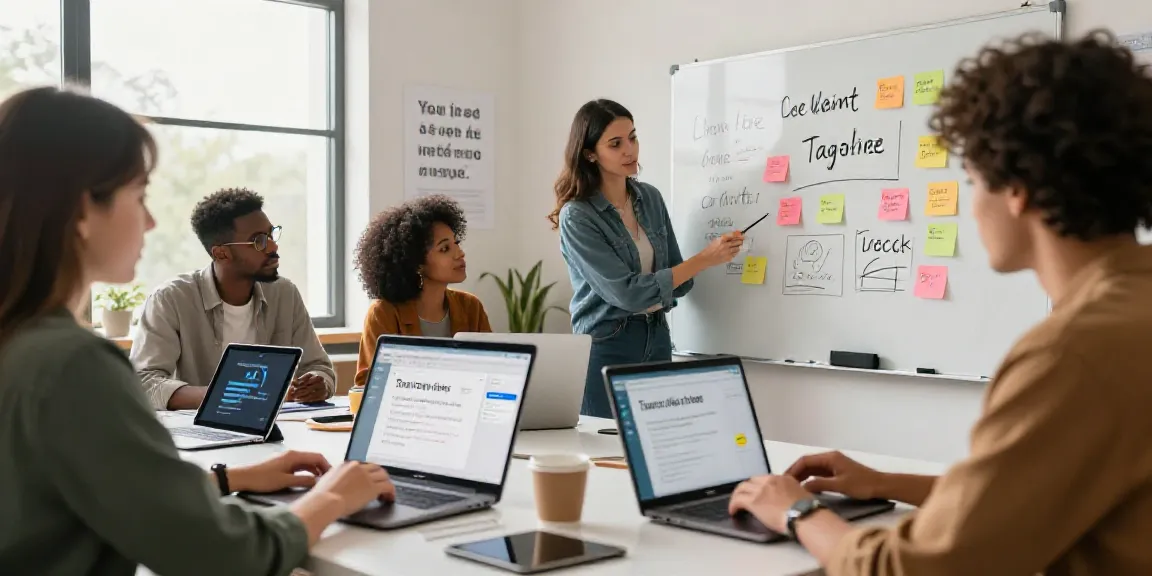 Diverse team generating taglines with AI in a collaborative workspace.