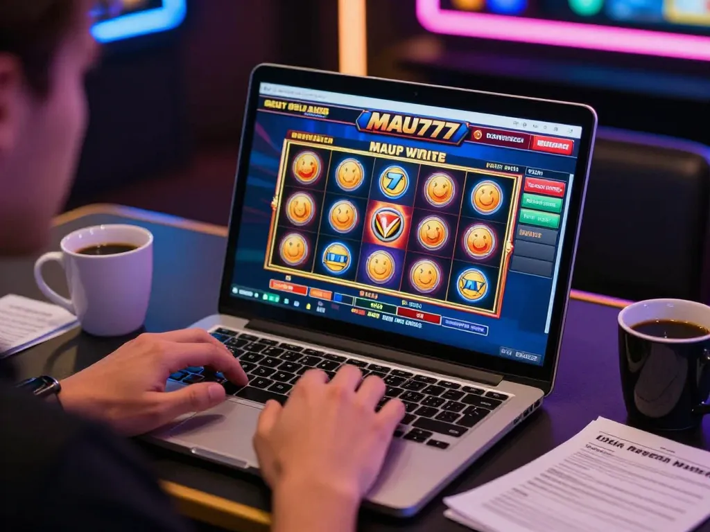 Engaging in MAU777 link alternatif gaming with thrilling slot visuals on laptop.