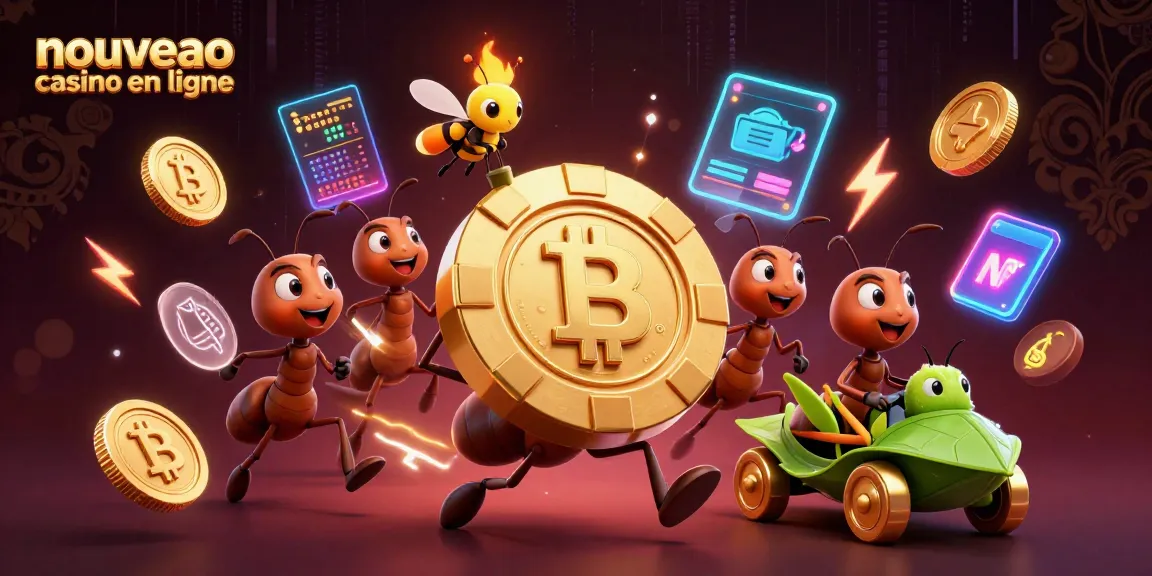 Illustration dynamique de la scène de casino avec les fourmis, "nouveau casino en ligne" et des éléments de crypto-monnaie autour.