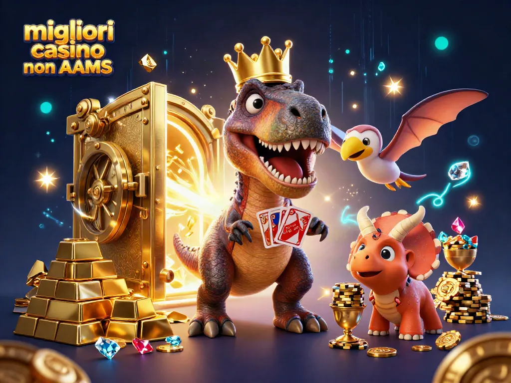 Migliori casino non AAMS: Scopri l'avventura con il T-Rex che gioca a carte e il triceratopo con fiches d'oro.