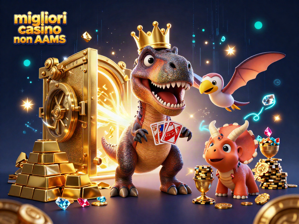 Migliori casino non AAMS: Scopri l'avventura con il T-Rex che gioca a carte e il triceratopo con fiches d'oro.