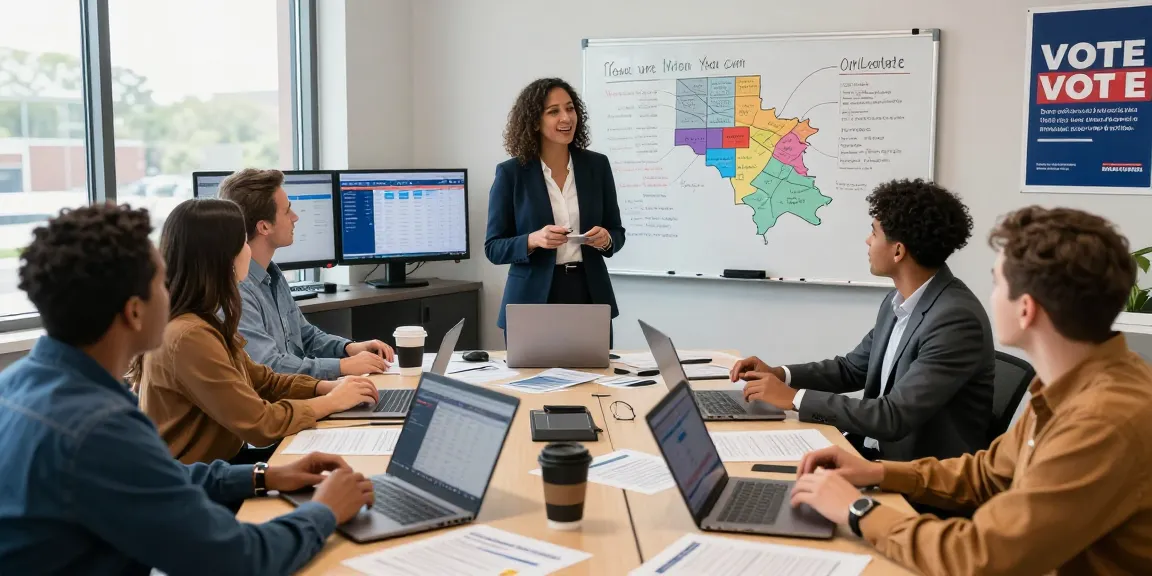 Engaged team strategizing political campaign using voice broadcasting political data in a modern office.