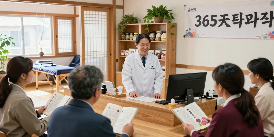 Warm and welcoming reception at 수원한의원 with healthcare professional assisting patients in a serene environment.