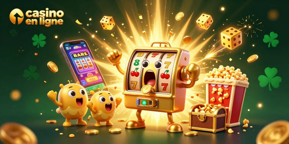 Gagnez aux jeux du casino en ligne avec une machine à sous animée, des pièces et des symboles volants.
