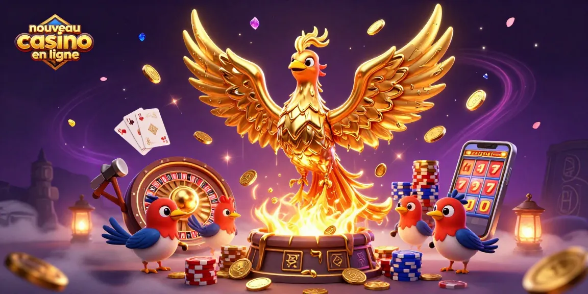 Illustration représentant un nouveau casino en ligne, avec un phoenix doré en métal fondu et des pièces d'or.