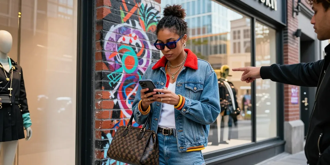 Fashionable individual engaging with a 레플리카 쇼핑몰 on smartphone in vibrant urban setting.