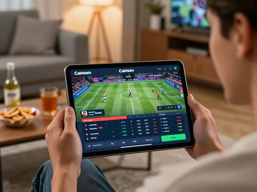 Cakhiatv user engaging in live sports betting on tablet in cozy home setting, showing vibrant interface