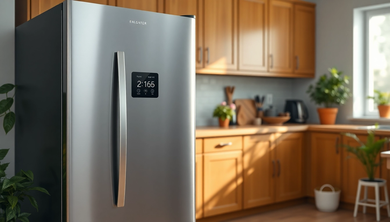 High-efficiency freezer showcasing modern design in a bright kitchen setting.