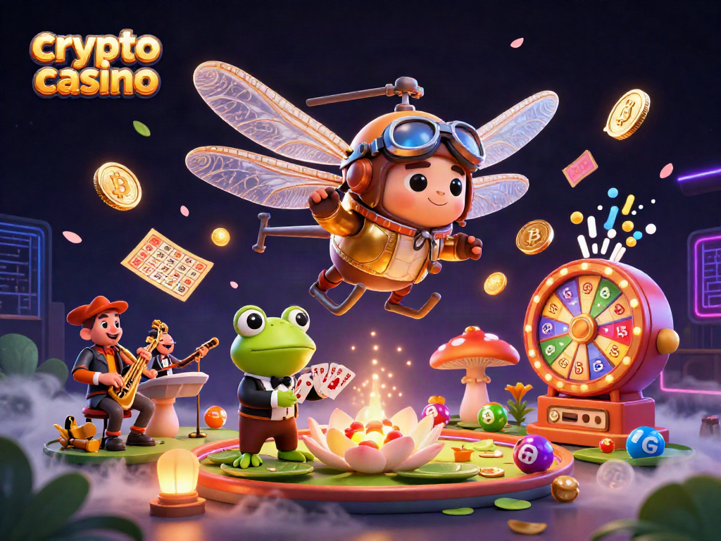 Gioca in un crypto casino con il croupier rana e i musicali grilli tra monete e palline colorate.