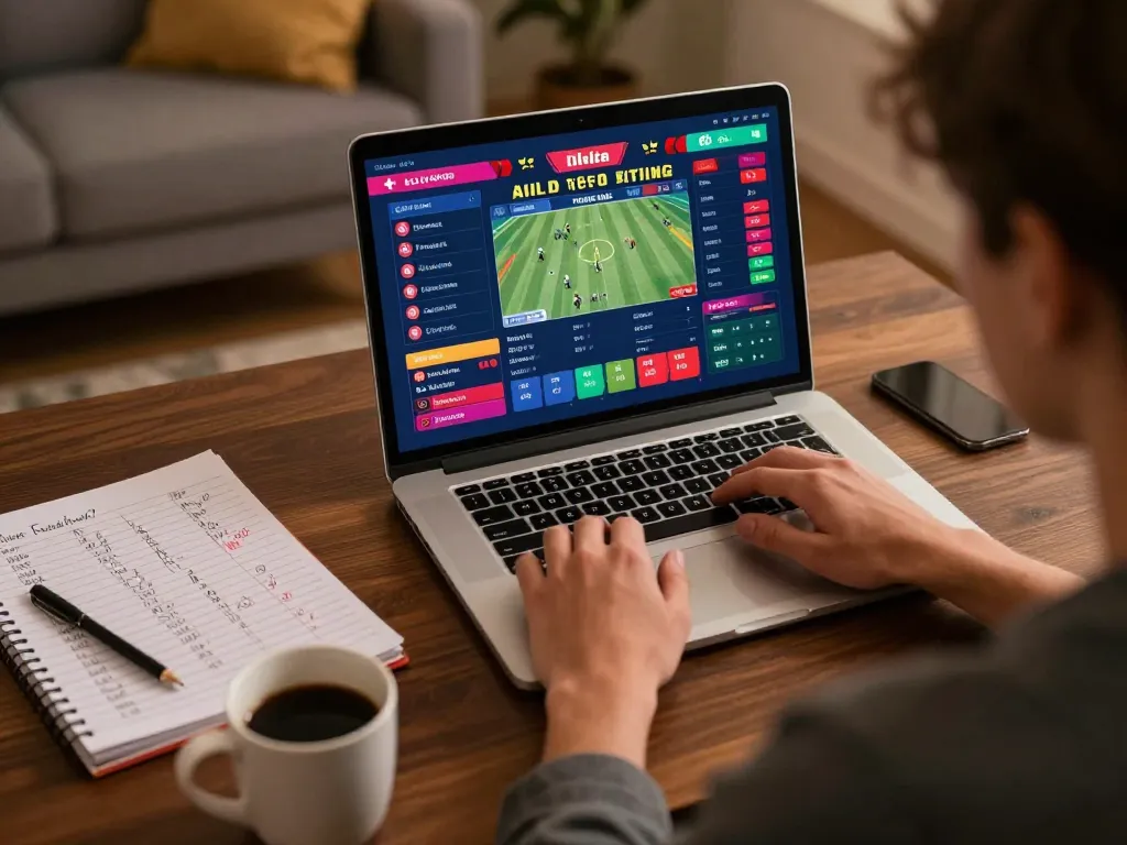 Player making strategic sports bets on laptop, highlighting trangcacuocbongda's gaming focus.