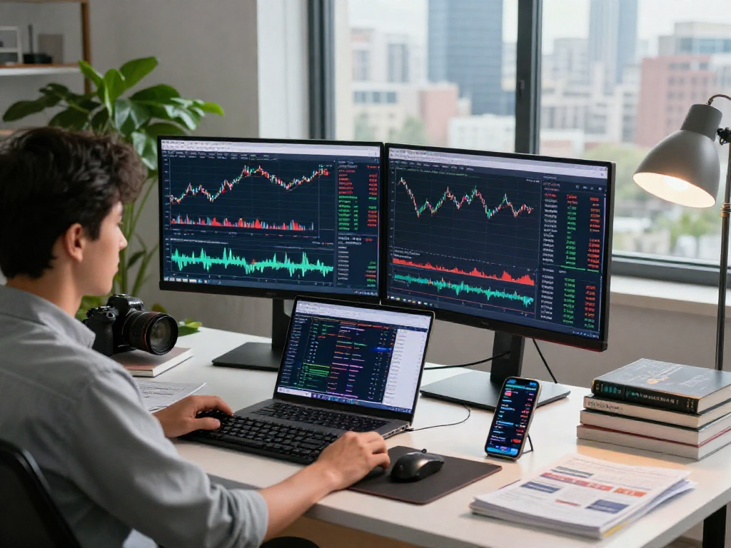 TradingView setup with dual monitors showing trading charts and alerts in a dynamic workspace.
