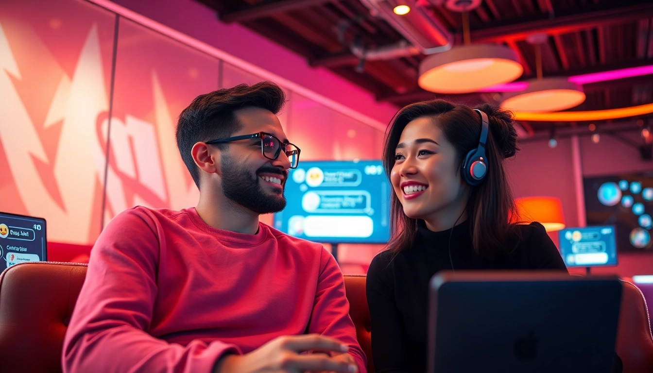 Engaging scene of virtual characters in a sex chat ai interaction, showcasing playful conversation in a digital lounge.