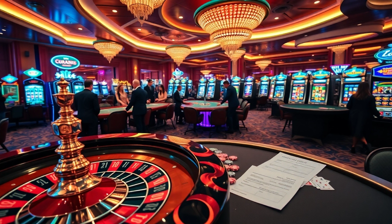 Scène excitante de casino en ligne France fiable avec des joueurs engagés aux tables de roulette et de blackjack.