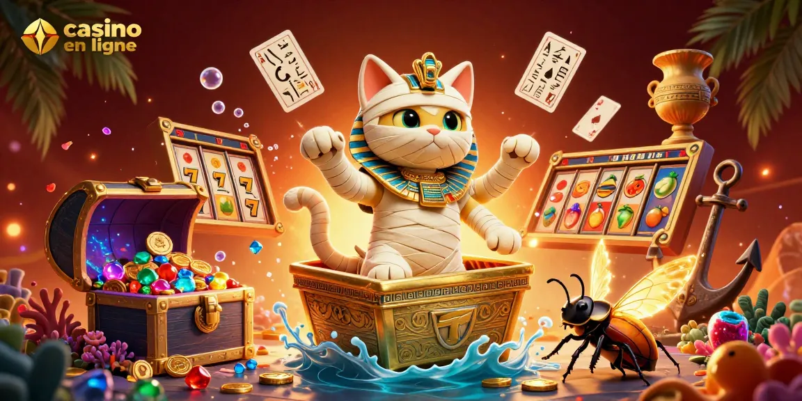 Appréciez l'atmosphère du casino en ligne avec une illustration 3D dynamique incluant des éléments de jeu.