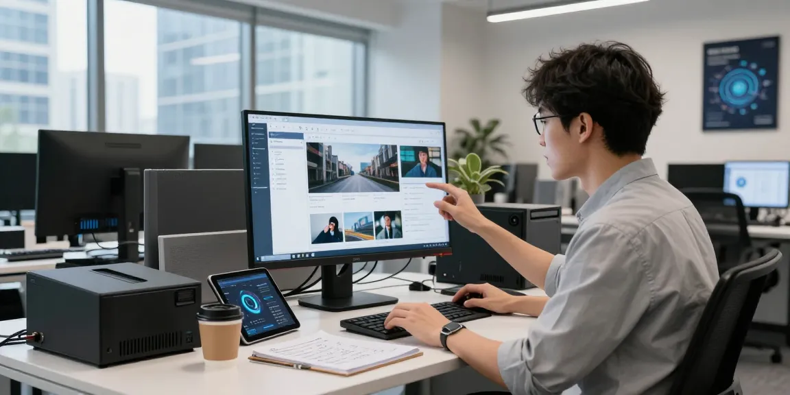 Data scientist using an AI image detector to analyze content in a modern tech office.