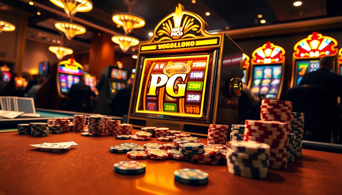 Exciting pg slot gameplay at a lavish casino with vibrant decorations and engaging players.