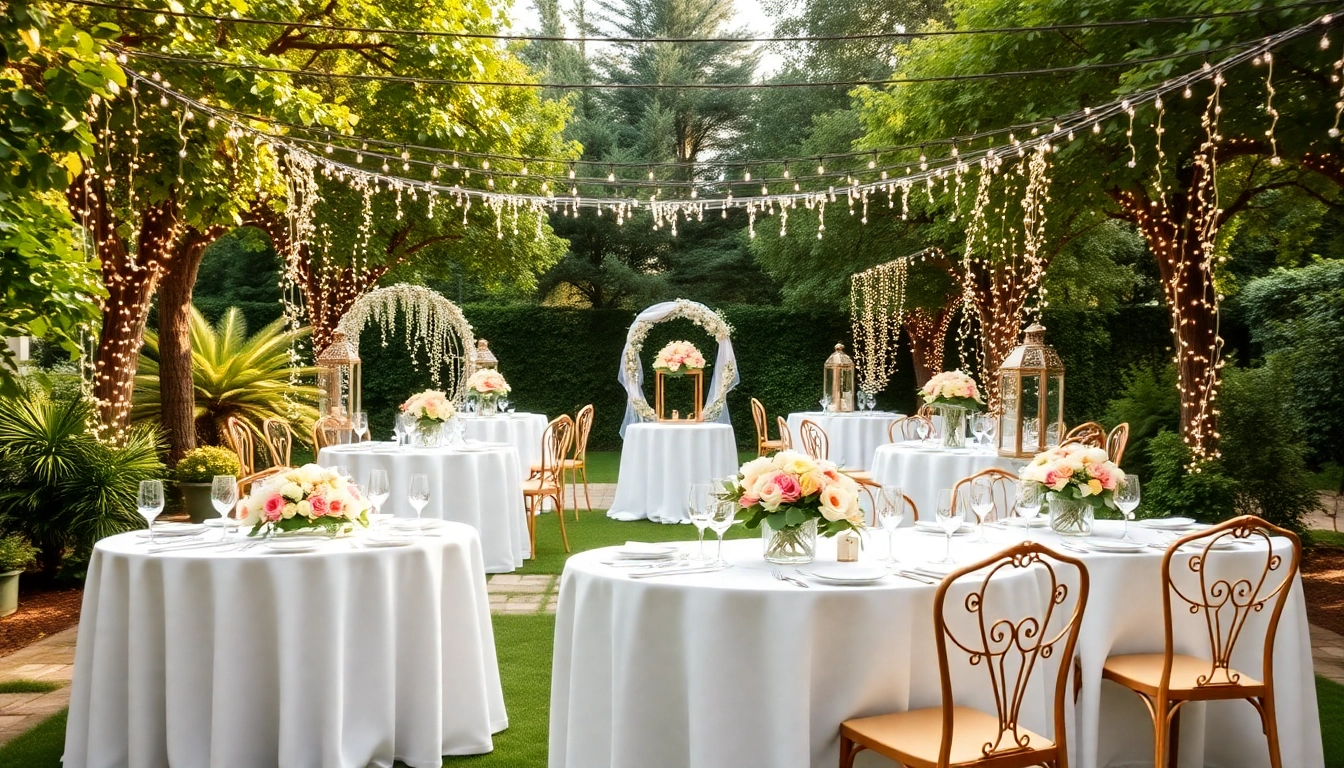 Stunning outdoor wedding & event rentals setup with floral centerpieces and warm lighting.
