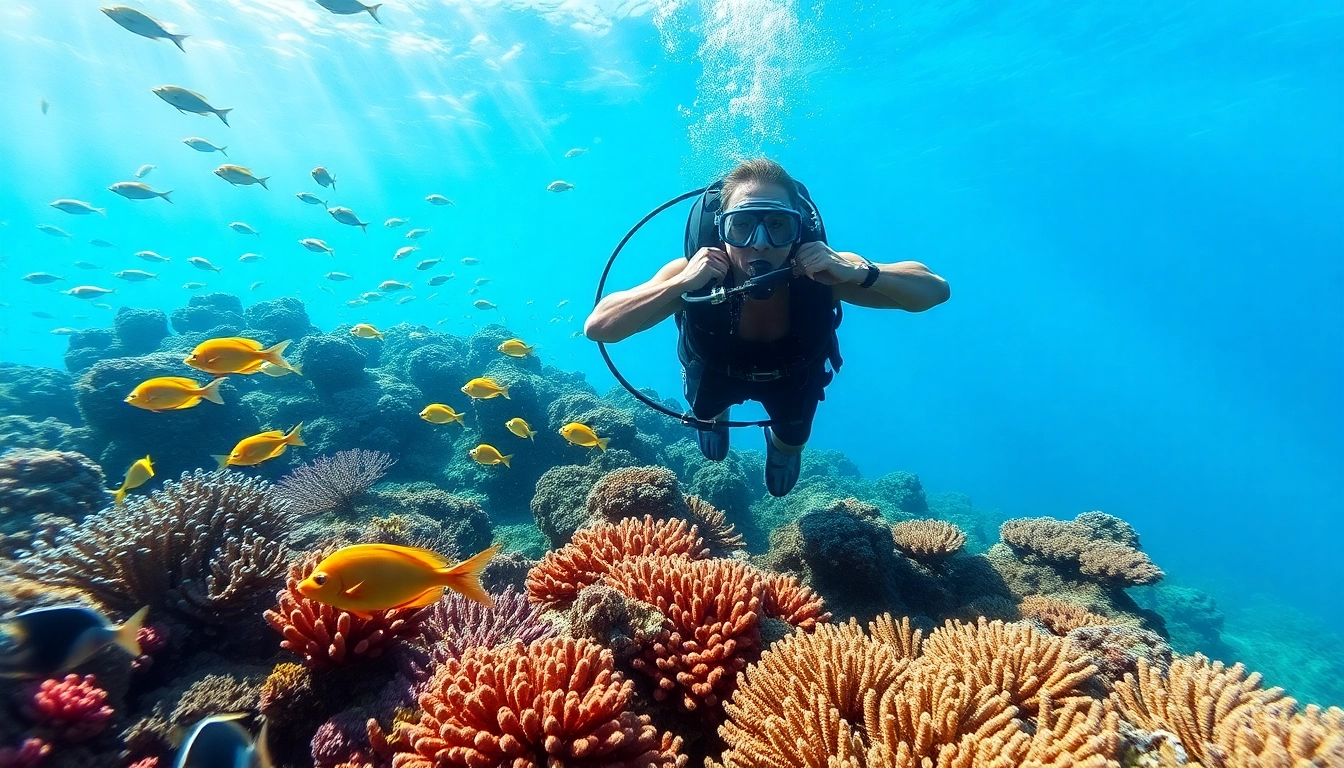 Tauchen in einem bunten Korallenriff mit lebhaften Fischen und einem Scuba-Taucher.