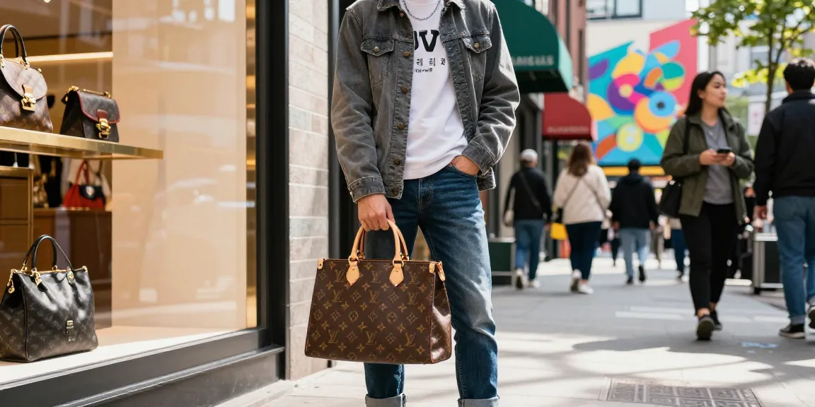 Stylish individual in urban setting showcasing 명품 레플리카 fashion against a trendy boutique backdrop.