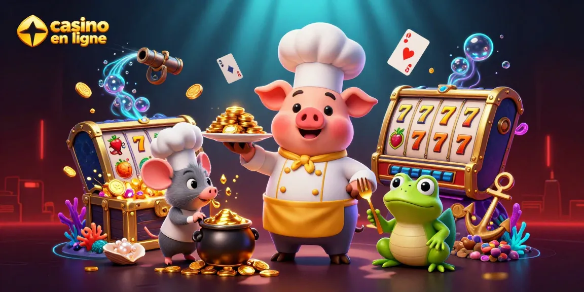 Profitez d'une scène dynamique du casino en ligne avec des personnages cartoon et des éléments de jeu.
