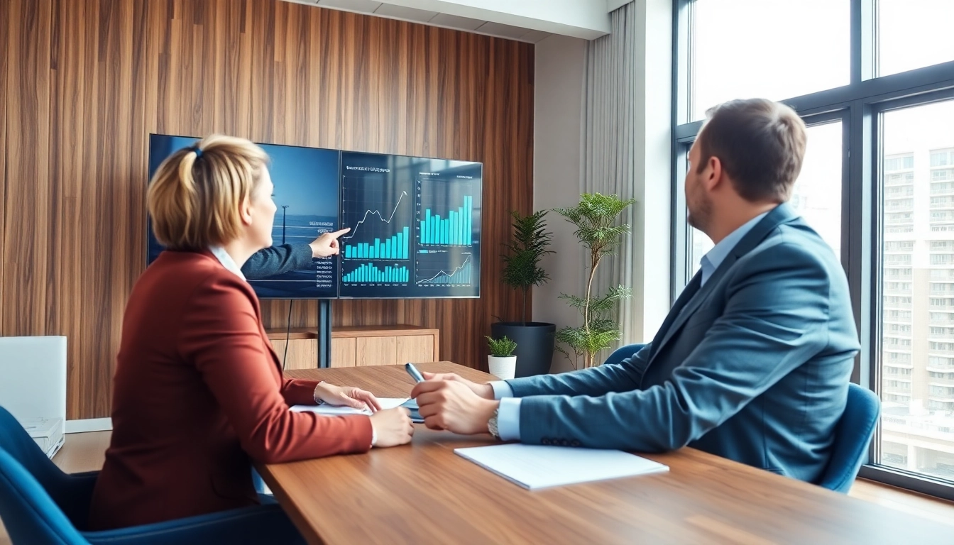 Real Estate Finance consultant analyzing investment options in a modern office environment.