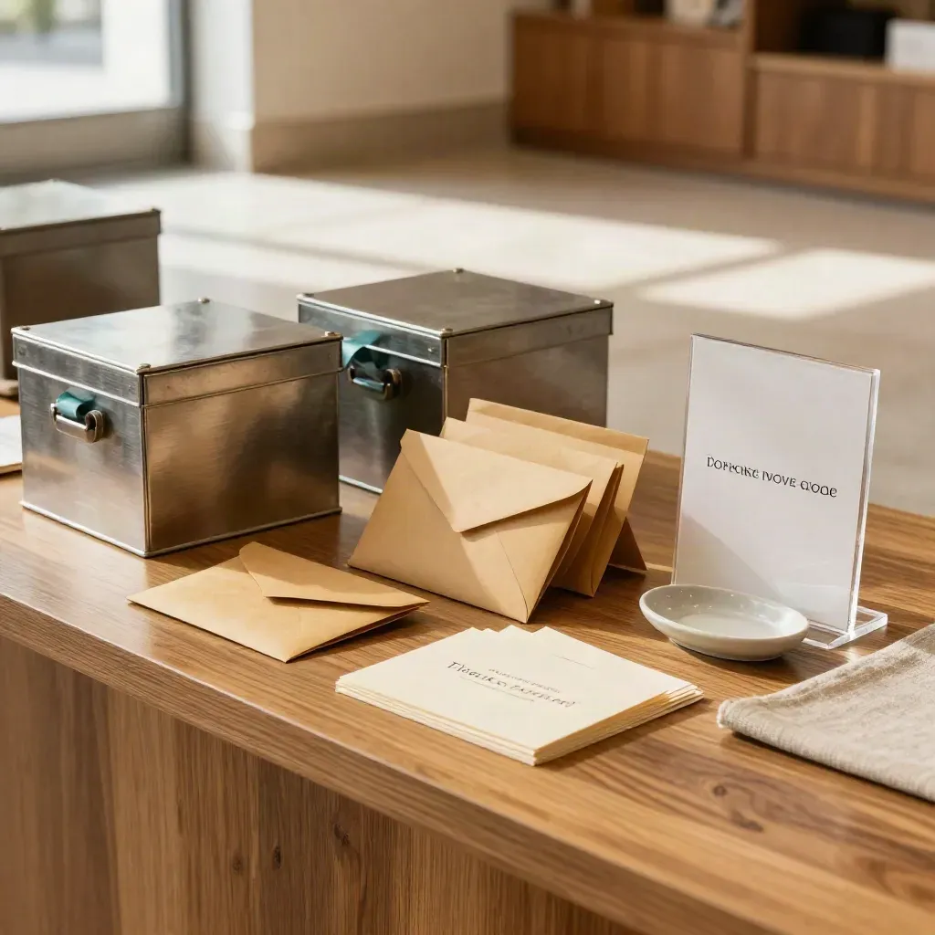 Fundraising donation table in a warm nonprofit lobby with boxes, envelopes, and thank-you cards