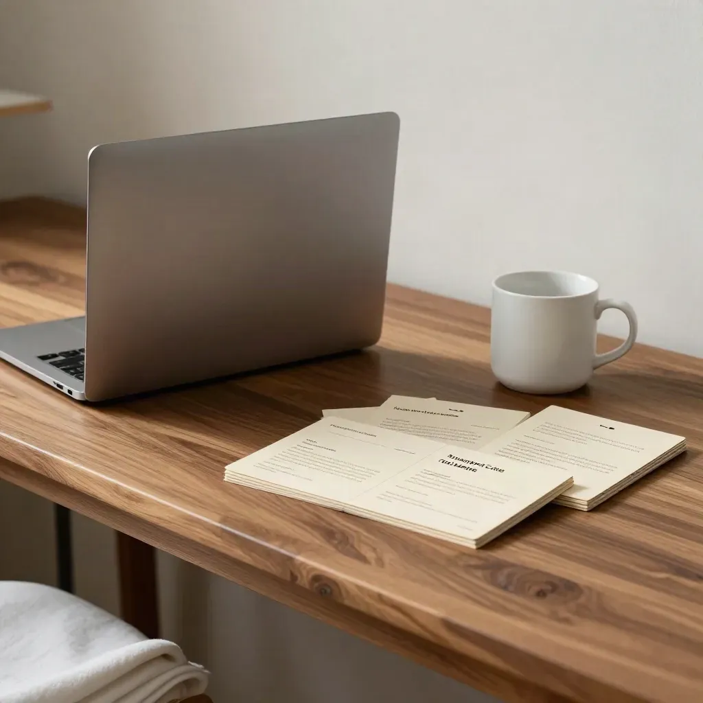 Closed laptop, blank layout cards, mug and face-down mood boards staged for a nonprofit landing page launch.